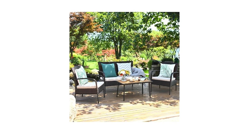 4 Pieces Patio Cushioned Wicker Conversation Set with Acacia Wood Tabletop
