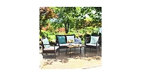 4 Pieces Patio Cushioned Wicker Conversation Set with Acacia Wood Tabletop