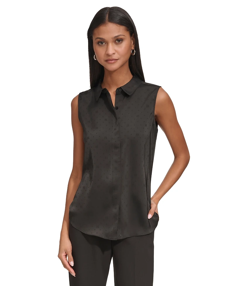 Karl Lagerfeld Paris Women's Jacquard Logo Sleeveless Shirt