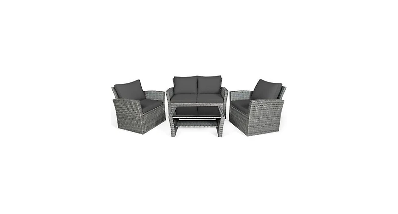 Slickblue 4 Pieces Patio Rattan Furniture Set Sofa Table with Storage Shelf Cushion