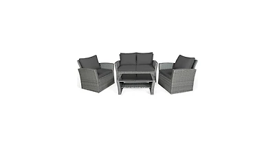 Slickblue 4 Pieces Patio Rattan Furniture Set Sofa Table with Storage Shelf Cushion