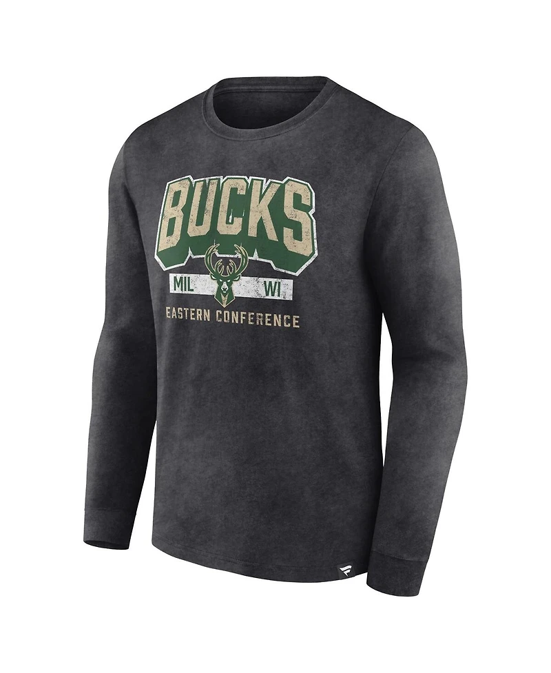 Men's Fanatics Heather Charcoal Distressed Milwaukee Bucks Front Court Press Snow Wash Long Sleeve T-shirt