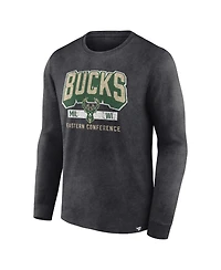Men's Fanatics Heather Charcoal Distressed Milwaukee Bucks Front Court Press Snow Wash Long Sleeve T-shirt