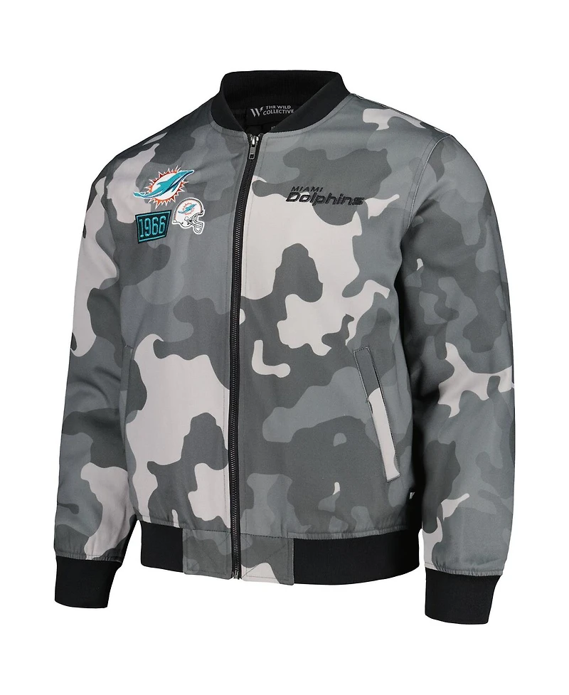 Men's and Women's The Wild Collective Gray Distressed Miami Dolphins Camo Bomber Jacket