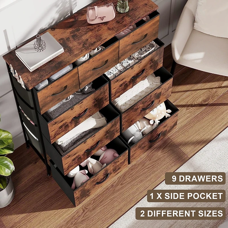 Inolait 9 Drawers Fabric Dresser Chest Closet Storage Organizer with Side Pockets and Hooks for Bedroom