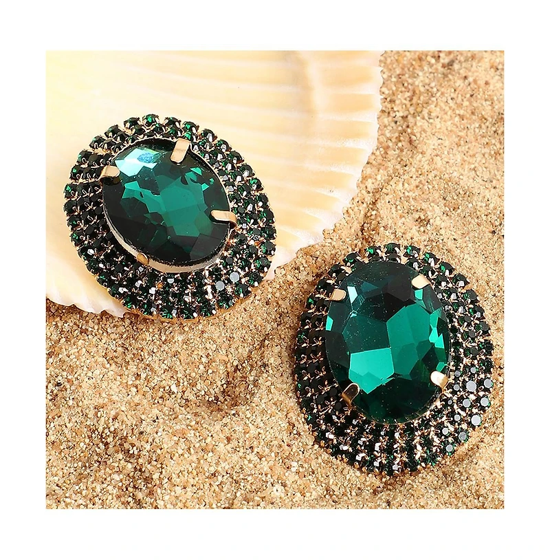 Sohi Women's Green Embellished Oval Stud Earrings