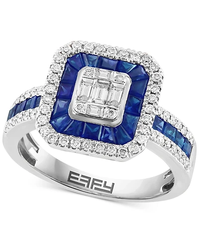 Effy Sapphire (1-1/20 ct. t.w.) & Diamond (1/2 ct. t.w.) Halo Cluster Ring in 14k White Gold