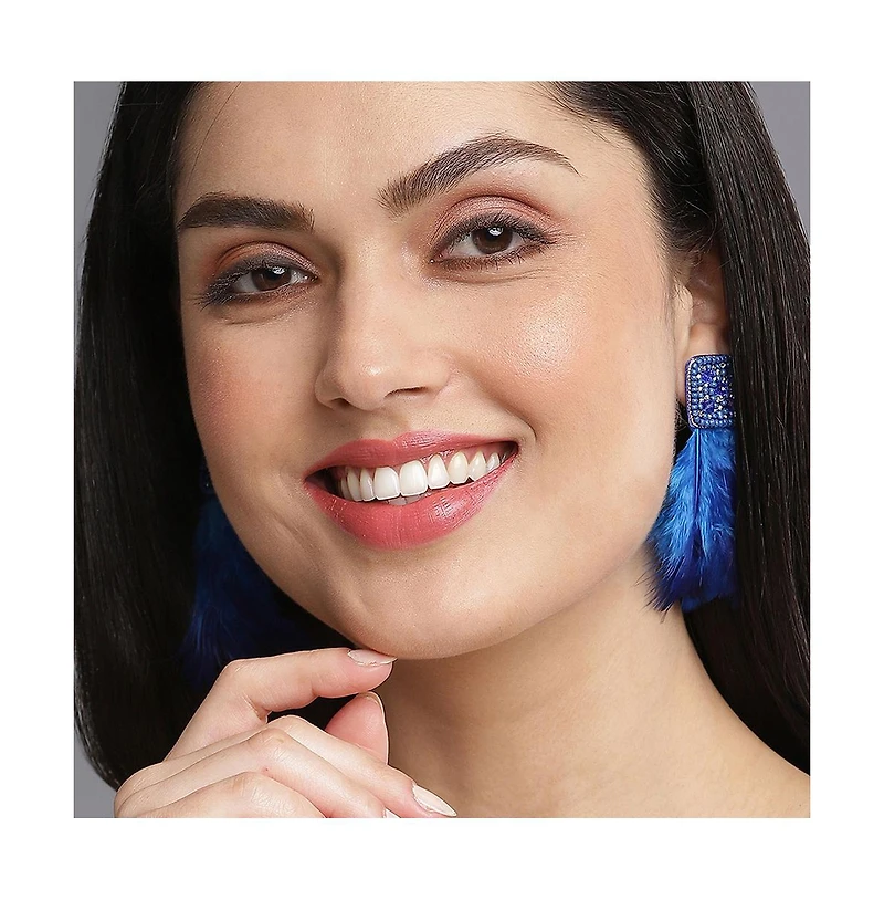 Sohi Women's Blue Beaded Feather Drop Earrings