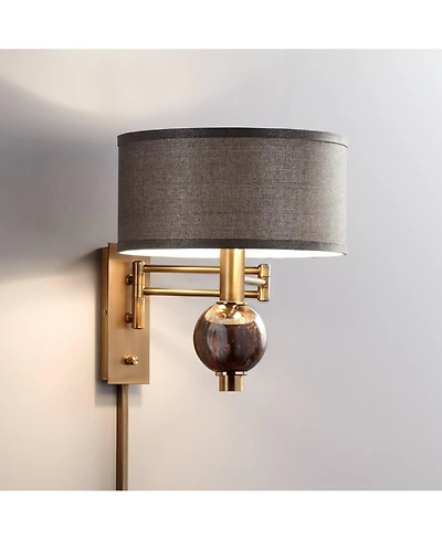 Richford Modern Swing Arm Wall Lamp Polished Brass Marbled Glass Sphere Plug-In Light Fixture Taupe Drum Shade for Bedroom Bedside House Reading Livin