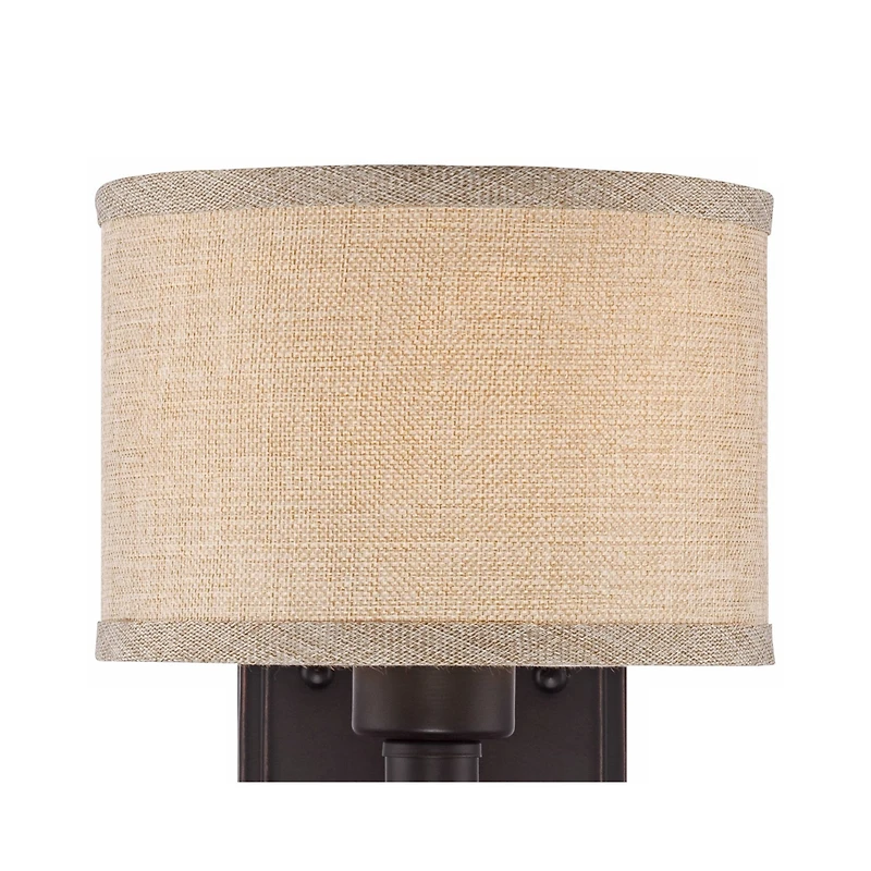 Franklin Iron Works La Pointe Farmhouse Rustic Wall Light Sconce Oil Rubbed Bronze Hardwire 6 3/4" Fixture Oatmeal Linen Drum Shade for Bedroom H