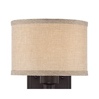 Franklin Iron Works La Pointe Farmhouse Rustic Wall Light Sconce Oil Rubbed Bronze Hardwire 6 3/4" Fixture Oatmeal Linen Drum Shade for Bedroom H