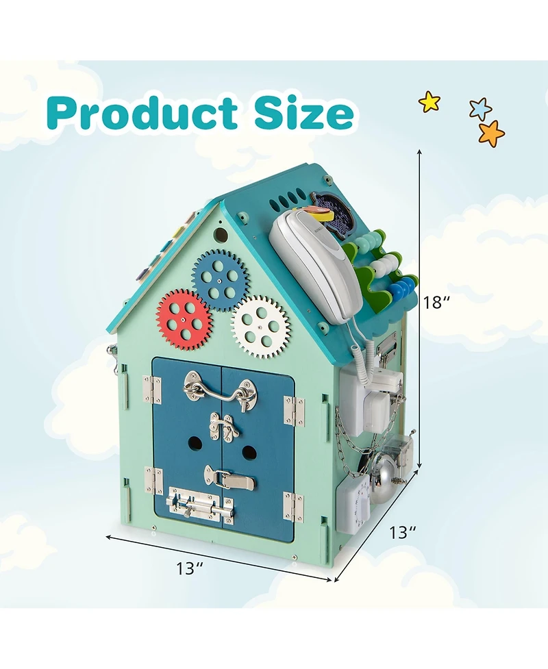 Wooden Busy House Montessori Toy with Sensory Games & Interior Storage Space