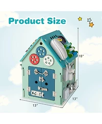Wooden Busy House Montessori Toy with Sensory Games & Interior Storage Space