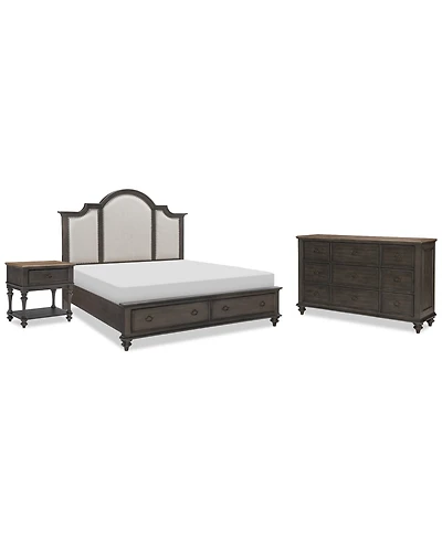 Mandeville 3pc Bedroom Set (Upholstered Queen Storage Bed + Dresser 1-Drawer Nightstand)