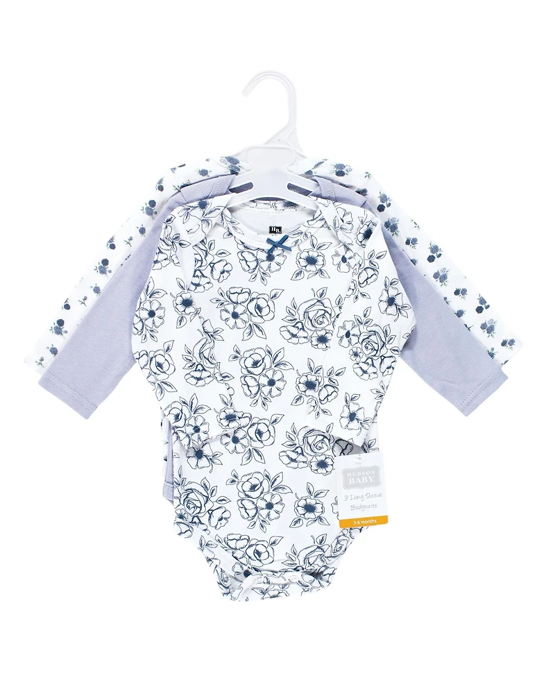 Hudson Baby Girls Cotton Long-Sleeve Bodysuits, Blue Toile 3-Pack, 3-6 Months