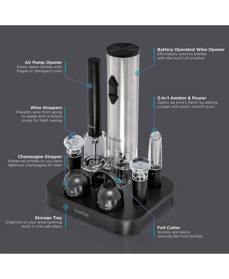 Ivation 9-Piece Wine Set, Electric Wine Opener, Wine Aerator & More!