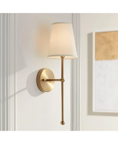 Elena Modern Wall Sconce Lighting Warm Brass Gold Metal Hardwired 21" High Fixture Cream Linen Shade Decor for Bedroom Bedside Living Room Home H