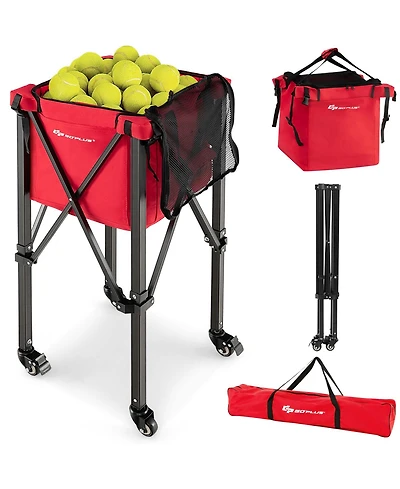 Foldable Tennis Ball Hopper Basket Portable Travel Teaching Cart with Wheels & Bag