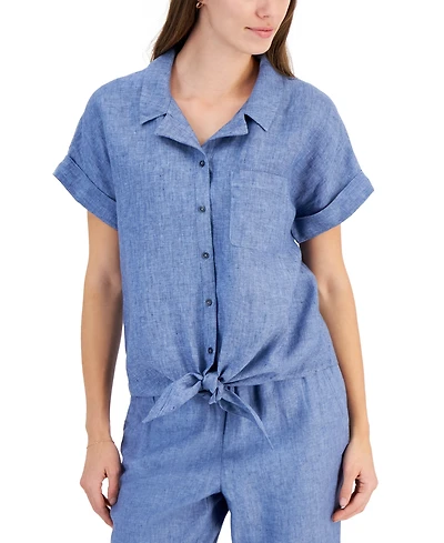 Charter Club Women's 100% Linen Tie-Front Shirt, Created for Macy's