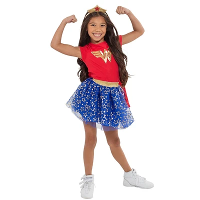 Dc Comics Justice League Wonder Woman Costume T-Shirt Tulle Skirt Headband and Cape 4 Piece Set