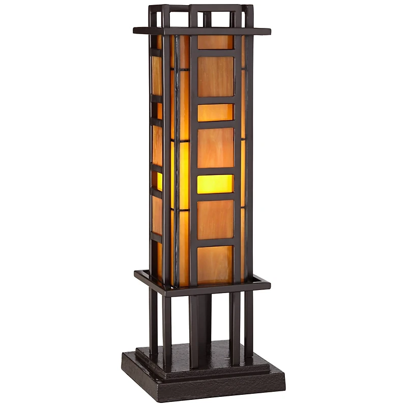 Robert Louis Tiffany Prairie Mission Accent Table Lamp 20" High Bronze Geometric Metal Amber Stained Glass for Bedroom Living Room Bedside Nights