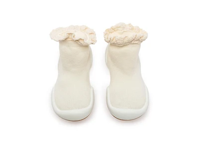 Komuello Infant Girl Breathable Washable Non-Slip Sock Shoes Lace trim - Off White