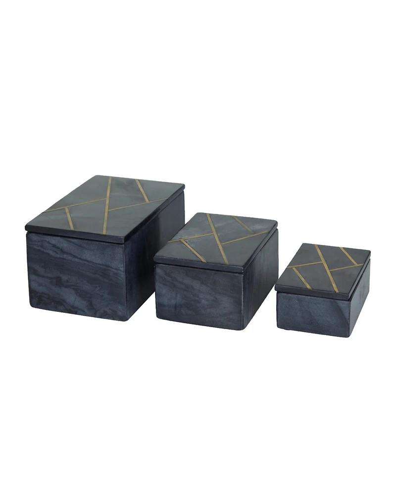 Rosemary Lane Real Marble Box with Gold-Tone Linear Lines Set of 3 - 9", 7", 6"W
