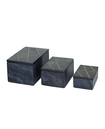 Rosemary Lane Real Marble Box with Gold-Tone Linear Lines Set of 3 - 9", 7", 6"W