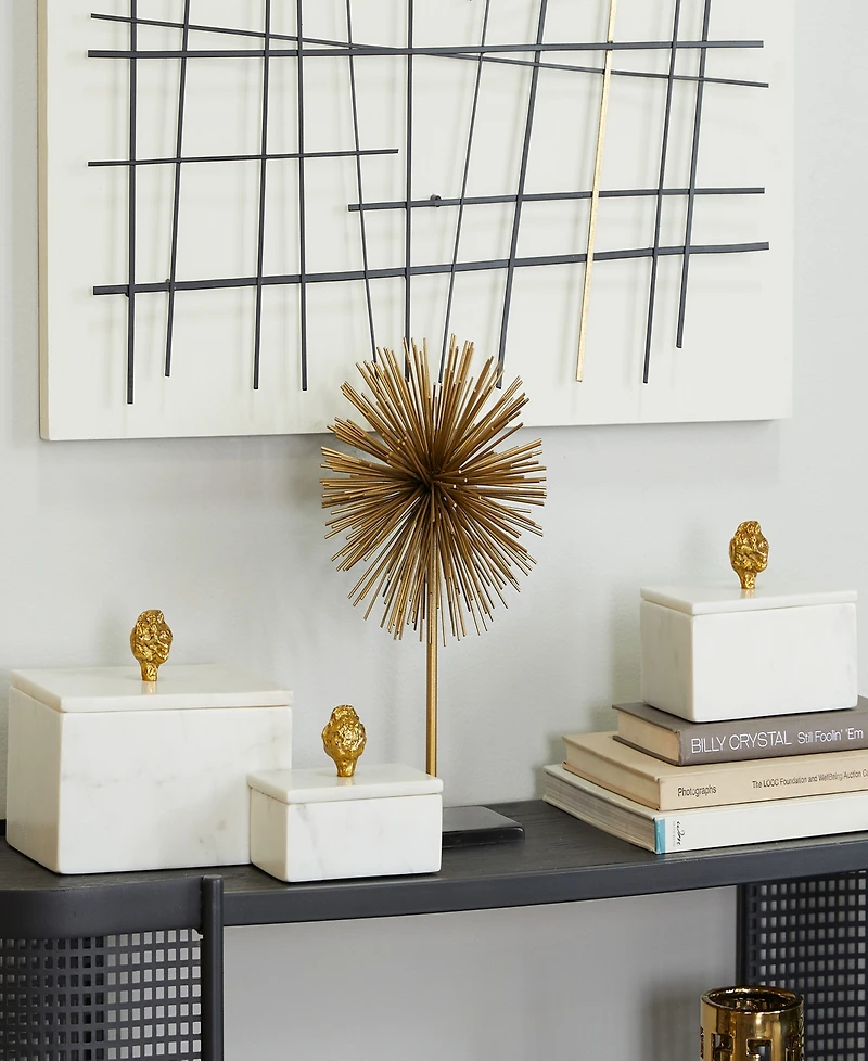 Rosemary Lane Real Marble Box with Gold-Tone Finial Set of 3 - 9", 7", 6"W