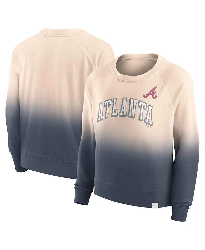 Women's Fanatics Tan, Navy Distressed Atlanta Braves Luxe Lounge Arch Raglan Pullover Sweatshirt