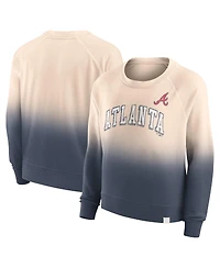 Women's Fanatics Tan, Navy Distressed Atlanta Braves Luxe Lounge Arch Raglan Pullover Sweatshirt