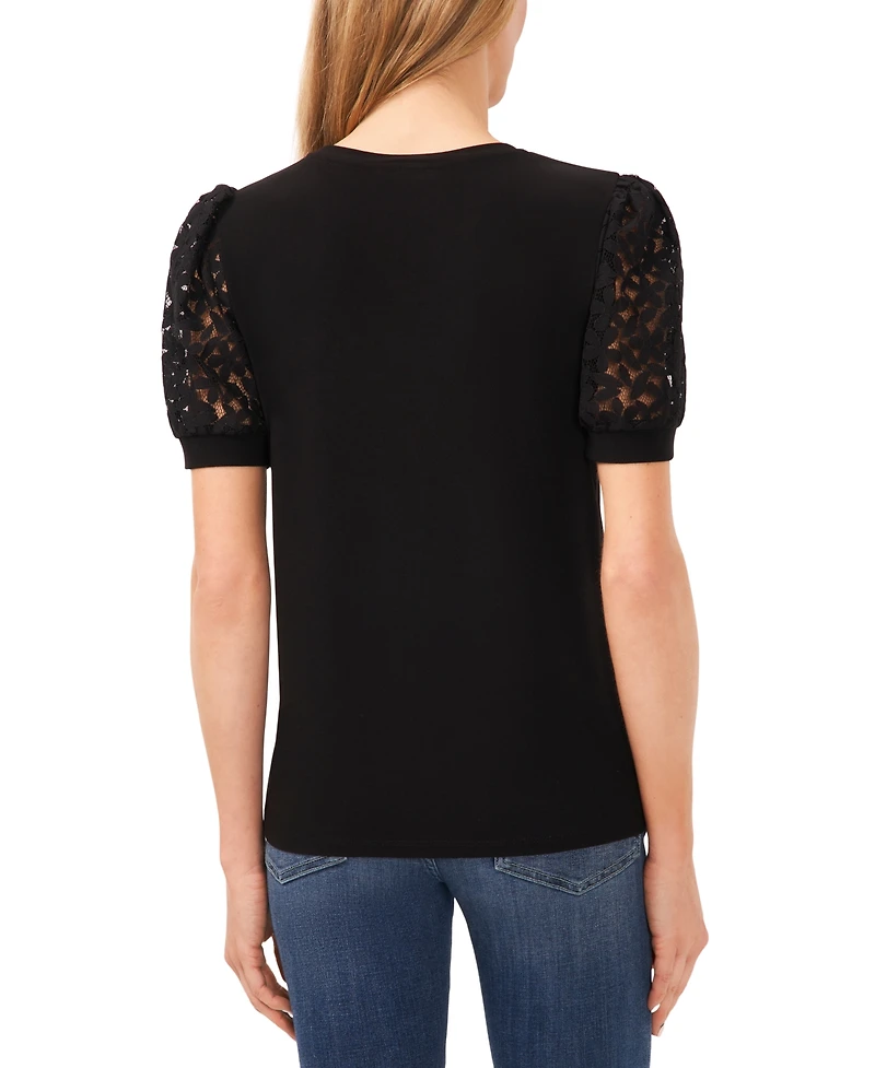 CeCe Women's Crochet Puff Sleeve Mix Media Knit Top