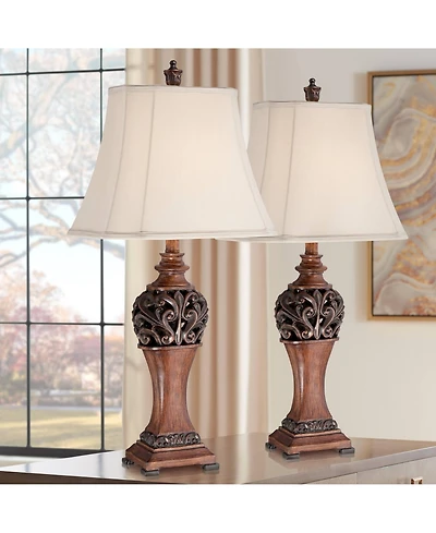 Regency Hill Exeter Traditional Table Lamps 30" Tall Set of 2 Bronze Wood Carved Leaf Cream Rectangular Bell Shade for Bedroom Living Room Bedsid