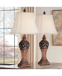 Regency Hill Exeter Traditional Table Lamps 30" Tall Set of 2 Bronze Wood Carved Leaf Cream Rectangular Bell Shade for Bedroom Living Room Bedsid