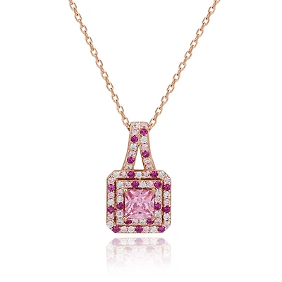 Suzy Levian New York Suzy Levian Rosed Sterling Silver Pink Asscher-Cut Cubic Zirconia Multicolor Halo Pendant
