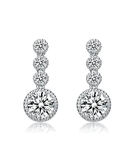 Sterling Silver with White Gold Plated Clear Round Cubic Zirconia Bezel Set Three Tier Drop Earrings