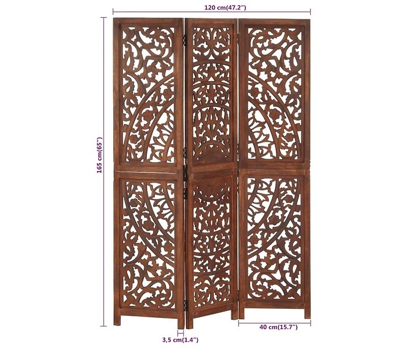 Hand carved 3-Panel Room Divider Brown 47.2"x65" Solid Mango Wood