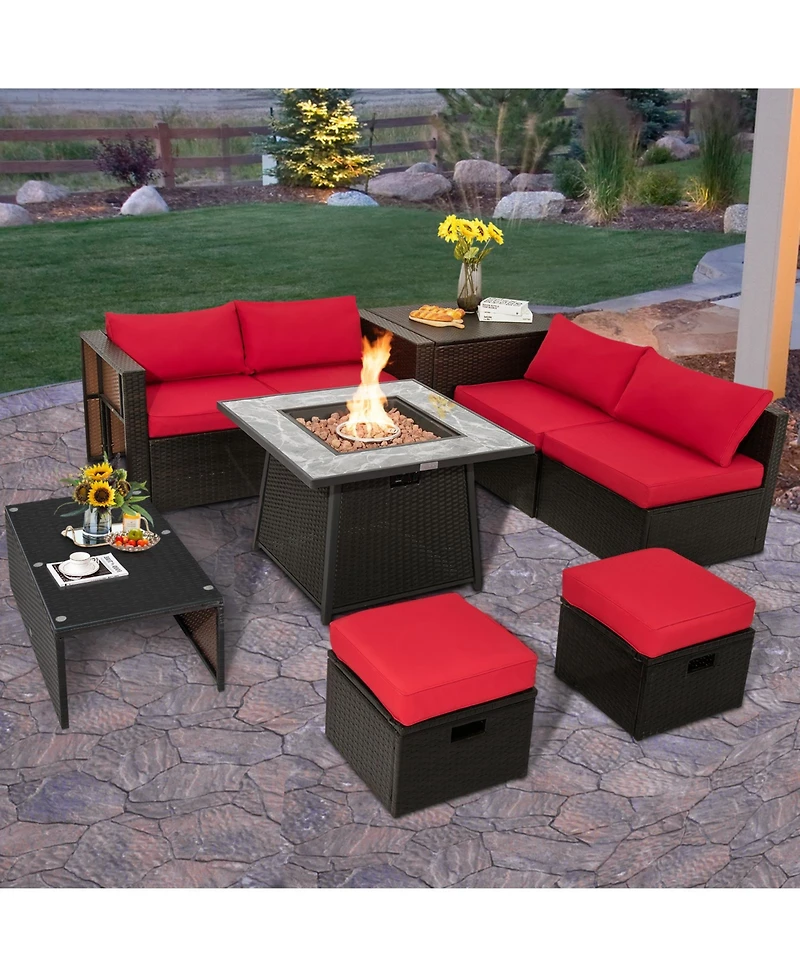 Slickblue 9 Pieces Patio Pe Wicker Sectional Set with 50000 Btu Fire Pit Table