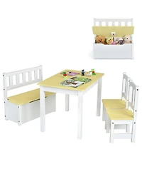 4 Pcs Kids Wooden Activity Table & Chairs Set w/ Storage Bench Study Desk