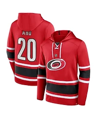 Men's Fanatics Sebastian Aho Red Carolina Hurricanes Name and Number Lace-Up Pullover Hoodie