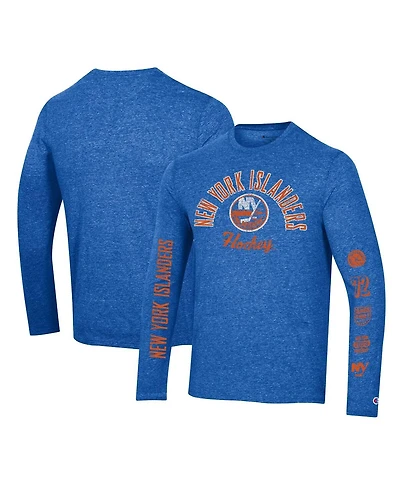 Men's Champion Heather Royal Distressed New York Islanders Multi-Logo Tri-Blend Long Sleeve T-shirt