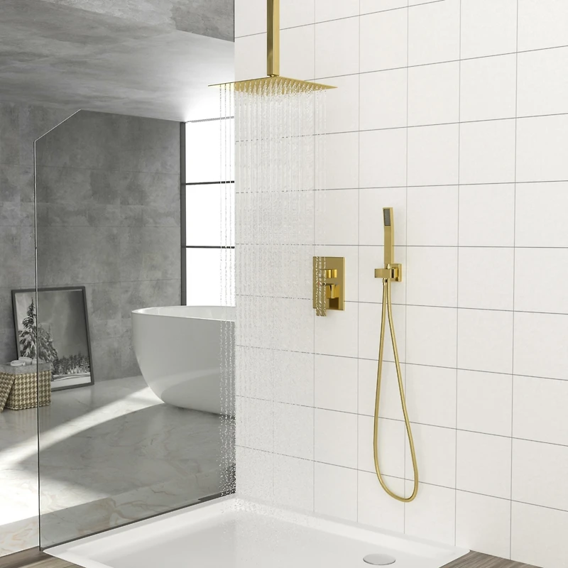 Dual Shower Head - 12 Inch Ceiling Mount Square Shower System With Rough-In Valve, Gold