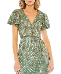 Mac Duggal Women's Embellished Faux Wrap Flutter Sleeve Dress