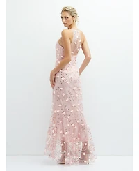 Sheer Halter Neck 3D Floral Embroidered Dress with High-Low Hem