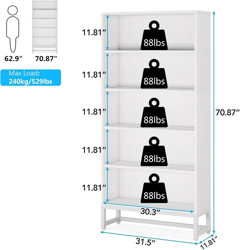 Tribesigns Tall Bookcase and Bookshelf, 70.8" Large Bookcases Organizer with 5-Tier Storage Shelves for Living Room, Bedroom, Office