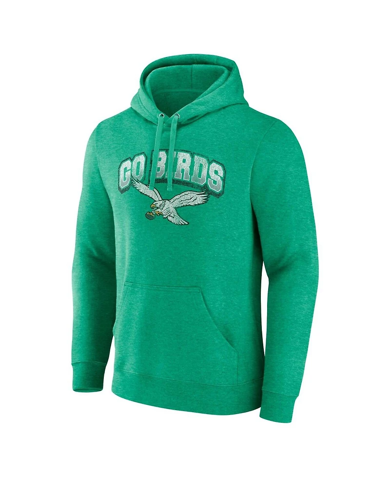 Men's Fanatics Kelly Green Distressed Philadelphia Eagles Gridiron Classics Go Birds Vintage-Like Arch Pullover Hoodie