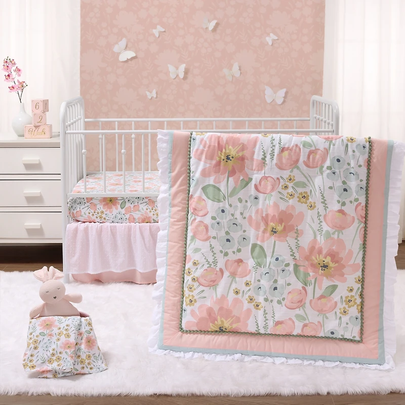 The Peanutshell Wildflower Cotton Crib Bedding Set for Baby Girls, 4 Pieces