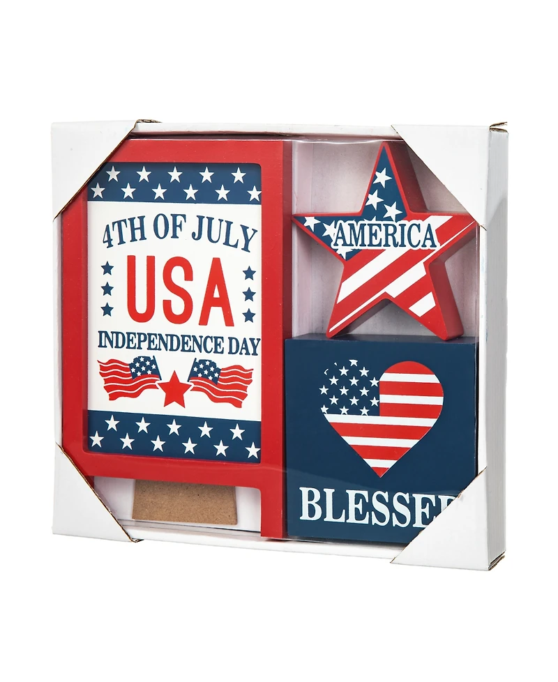 Glitzhome Set of 3 Patriotic, Americana Wooden Block Table Sign