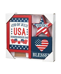 Glitzhome Set of 3 Patriotic, Americana Wooden Block Table Sign