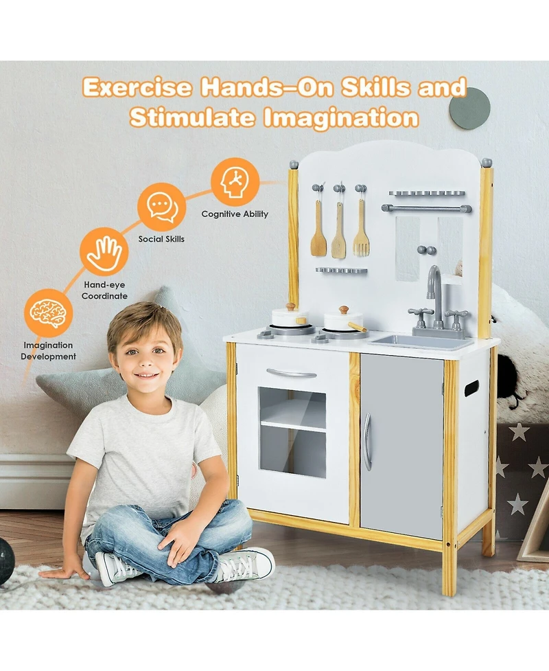 Kids Play Kitchen Set Toddler Pretend Cooking Set with Cabinet and Accessories